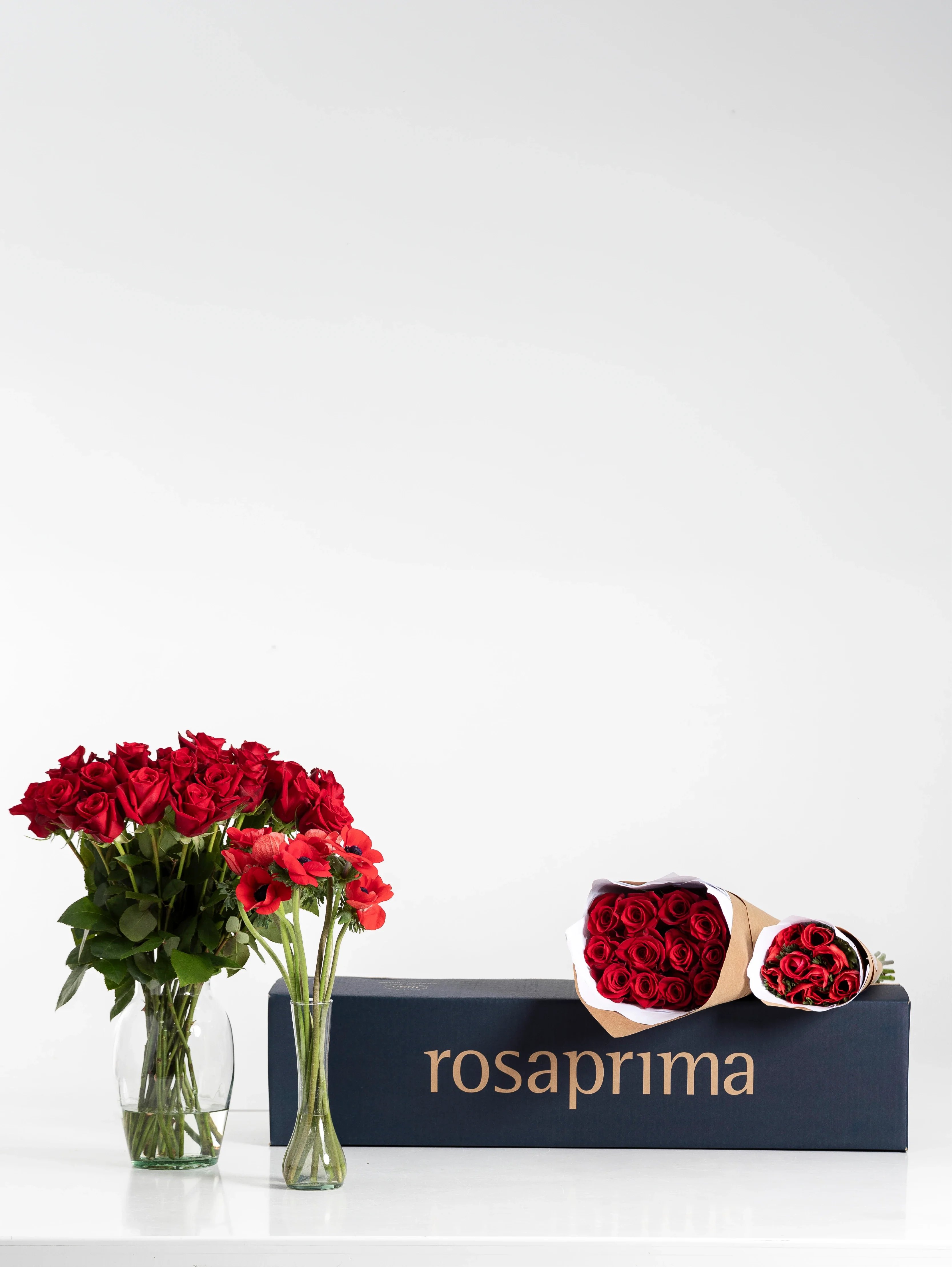 Bouquets of red standard roses and red mistral anemones with a 'rosaprima' box on a white background.