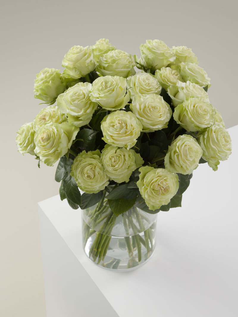 Bouquet of green roses arranged in a glass vase on a light background.

#color_green