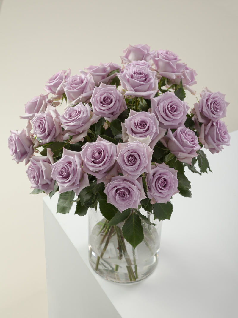Bouquet of lavender roses arranged in a glass vase on a light background.

#color_lavender